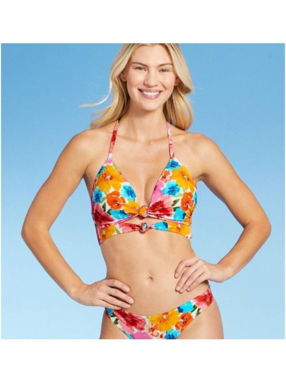 Shade & Shore Womens Lightly Lined Double Knot-Front Bikini Top Floral Size 32C